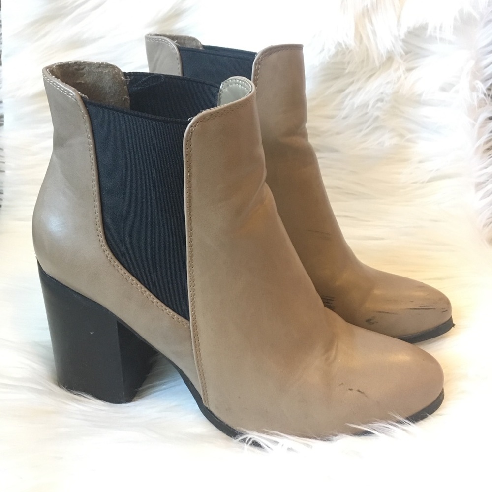 Tan and Black Block Heel Ankle Boots